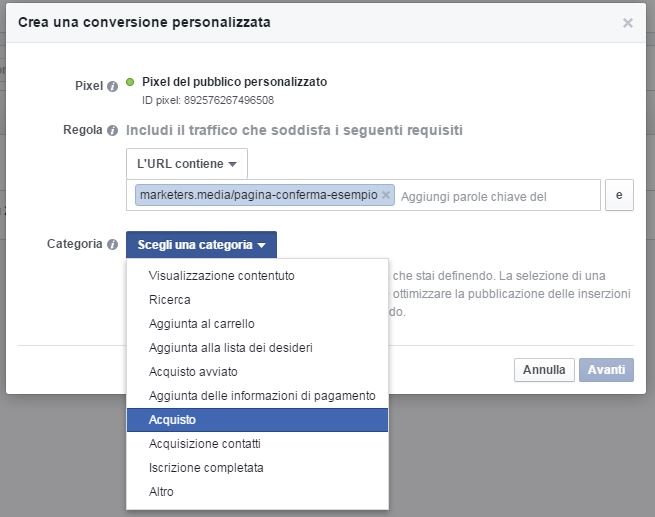 pixel facebook creare conversione personalizzata