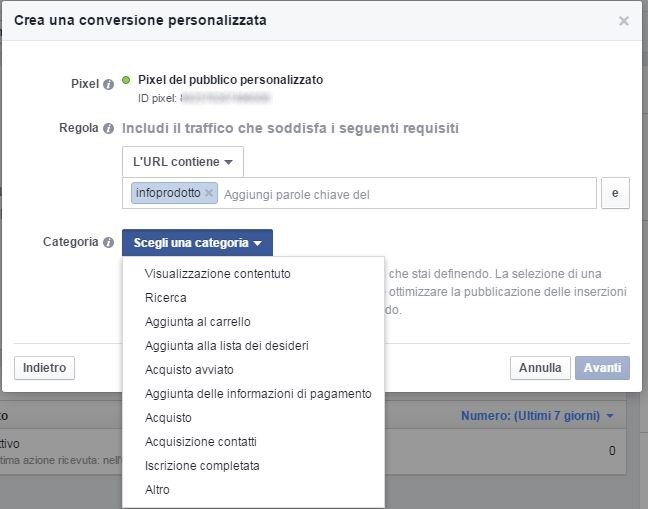 creare conversione personalizzata con facebook pixel