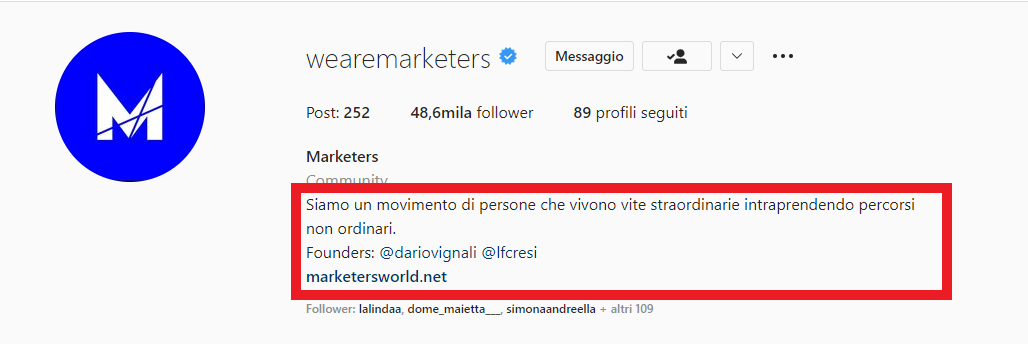 esempio di bio per profilo Instagram di successo Makreters
