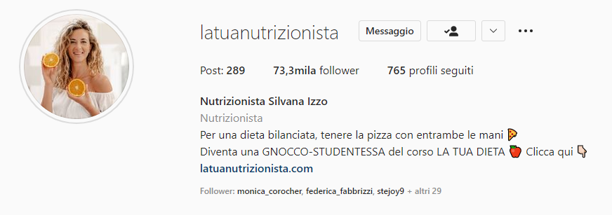 pagina Instagram di successo esempio latuanutrizionista