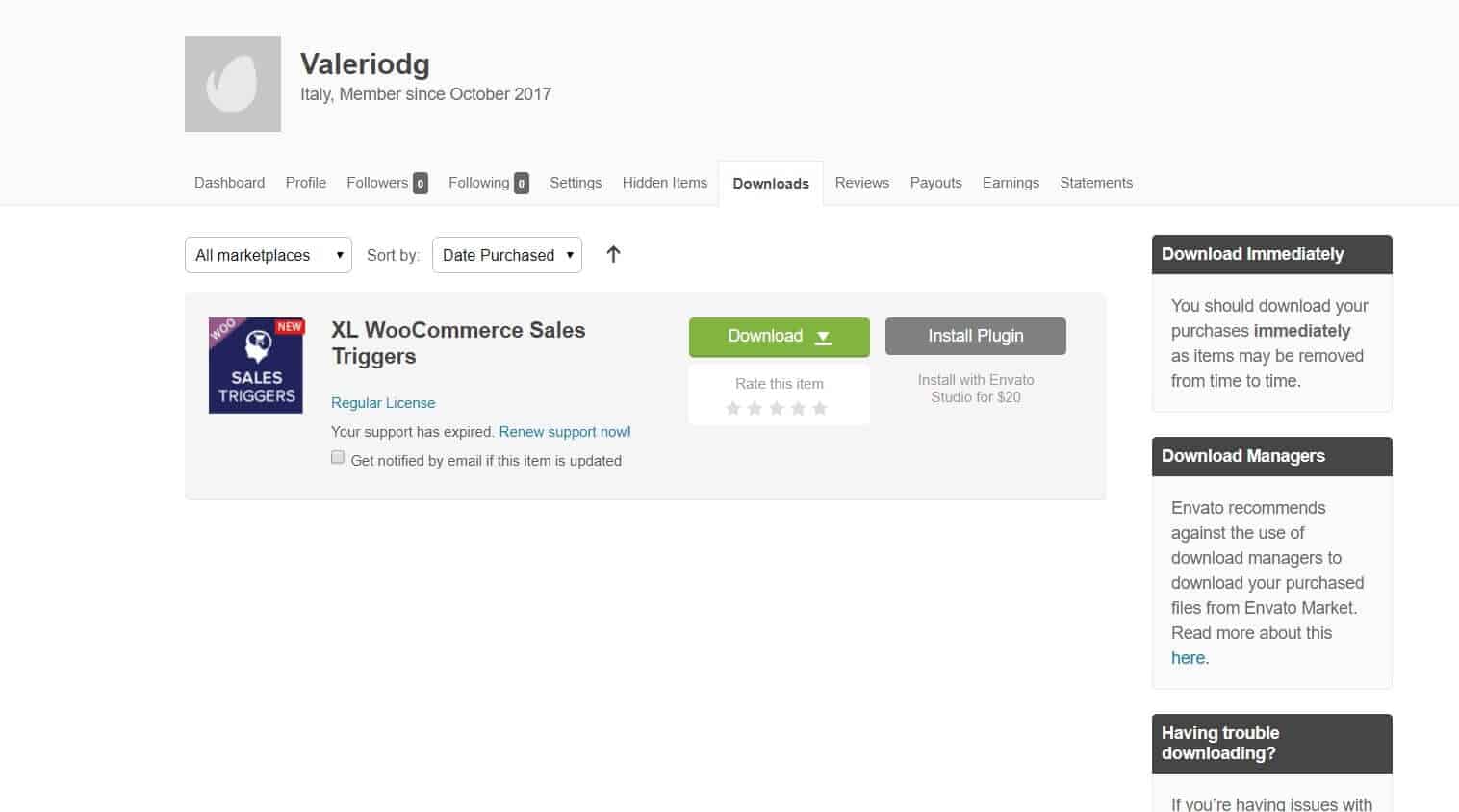 La pagina downloads di themeforest