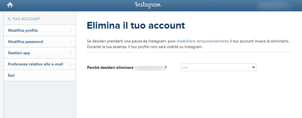 Guida Instagram eliminazione account