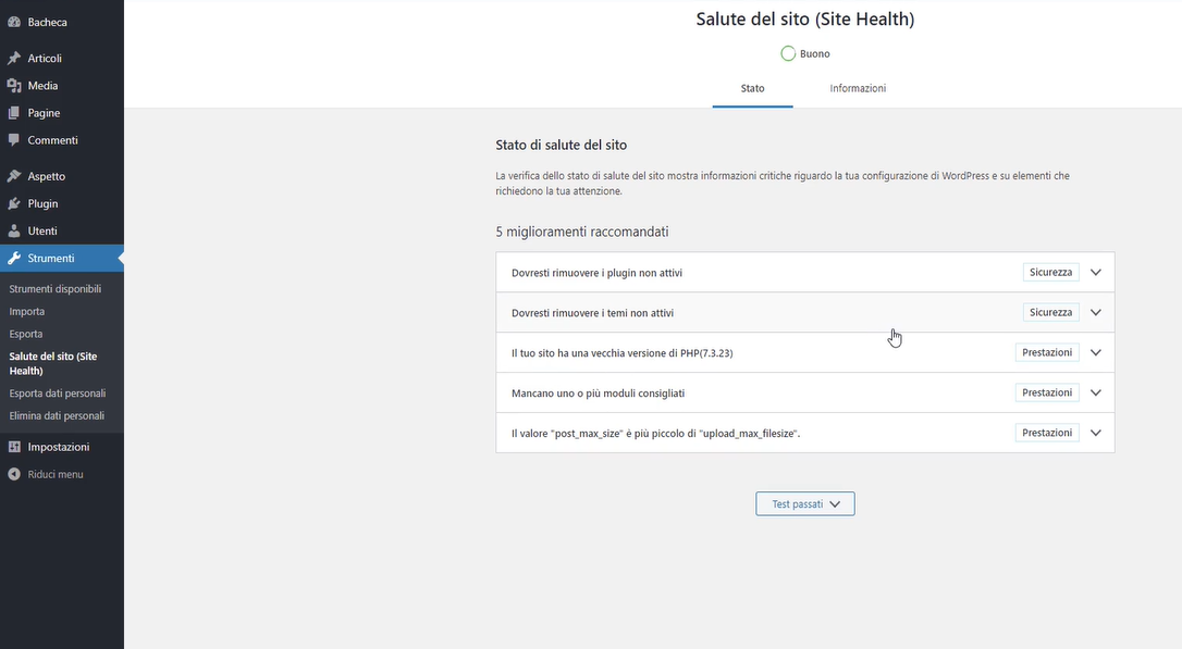 site health in strumenti di WordPress