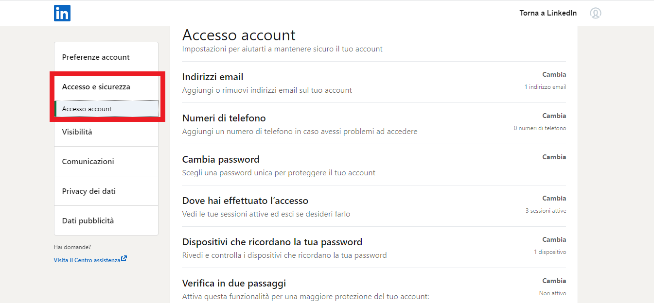 accesso e sicurezza account