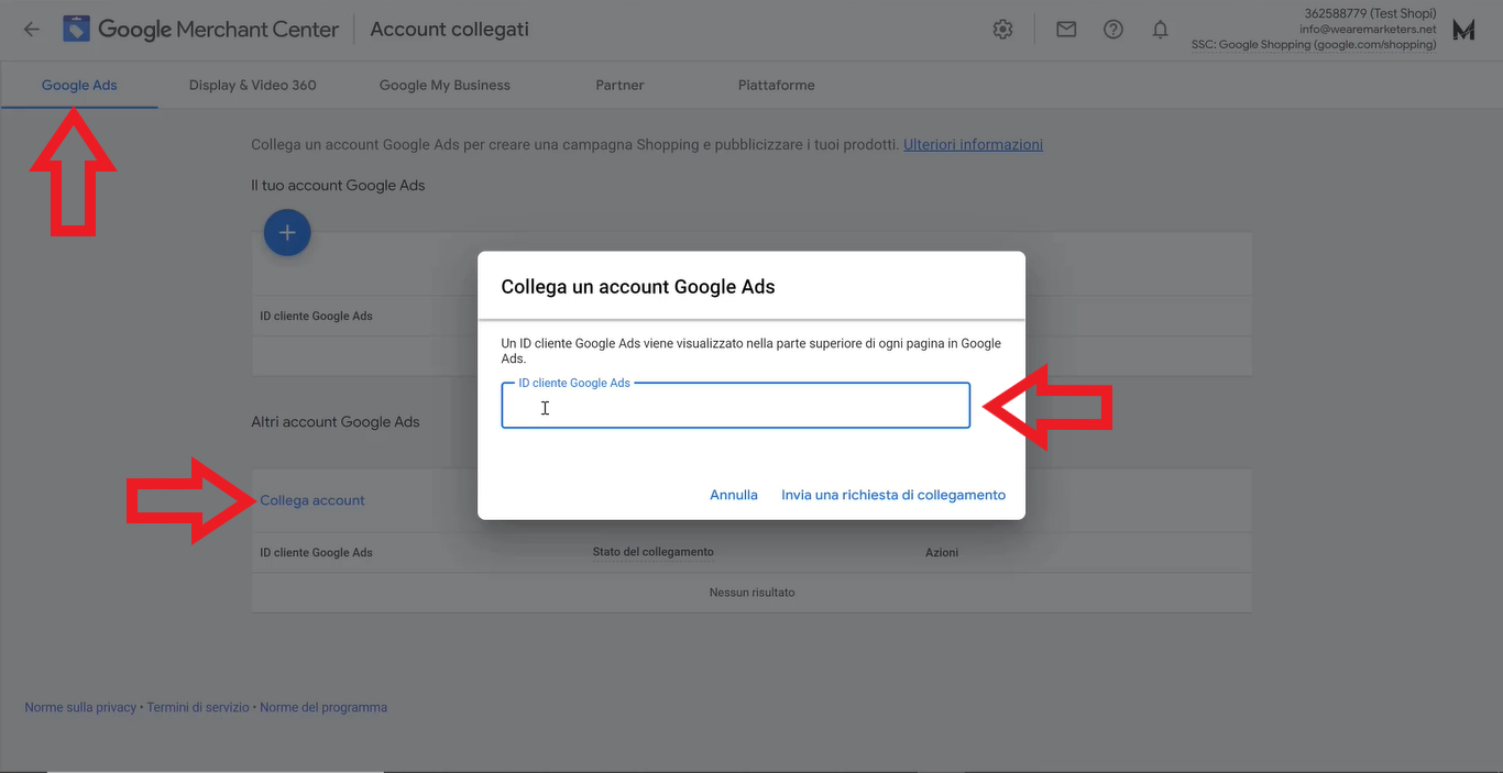 collegare account google ads manager a shopify