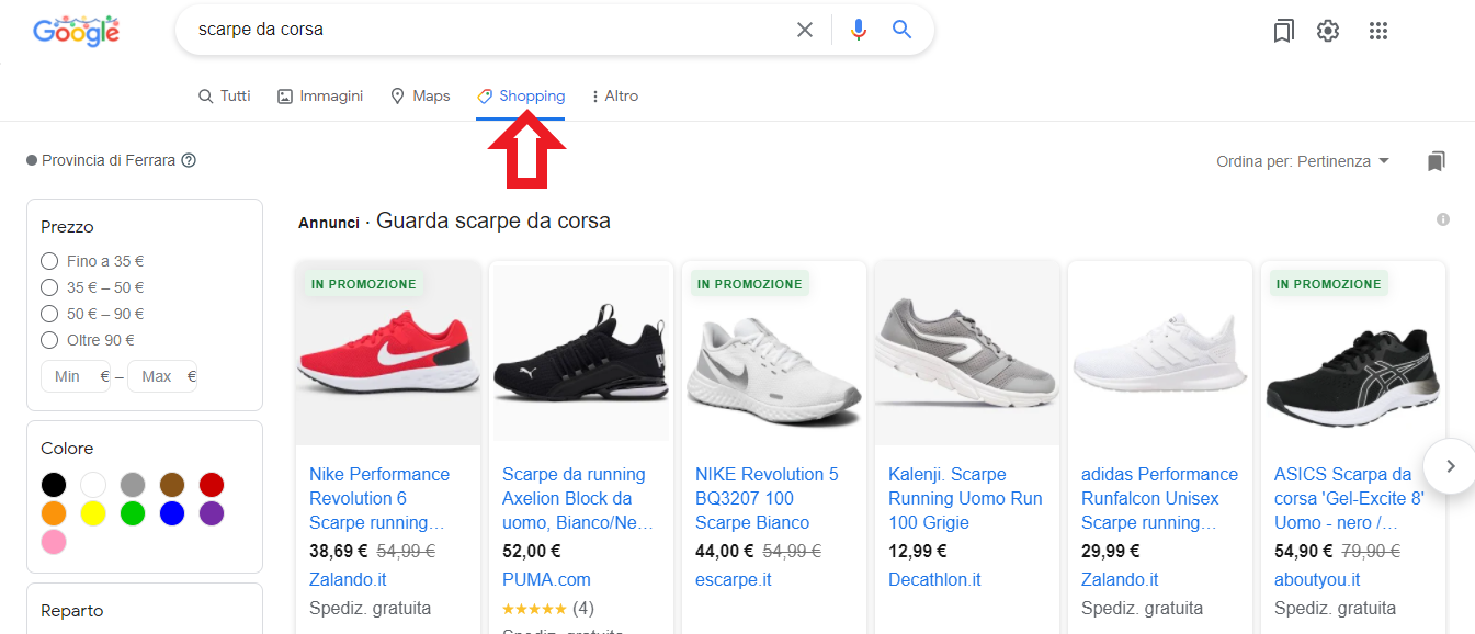 sezione shopping di google