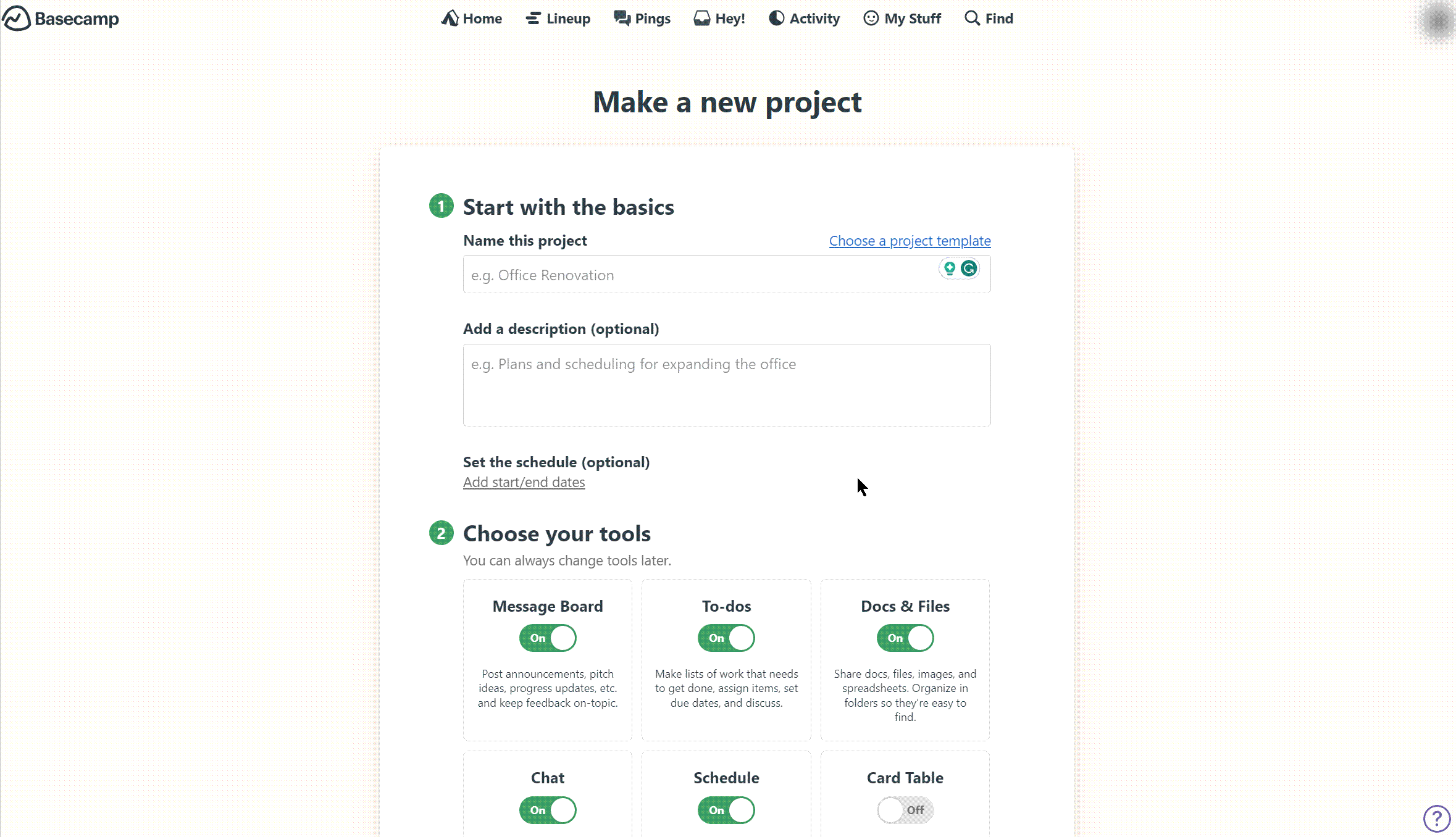 Recensione Basecamp - Make a new project